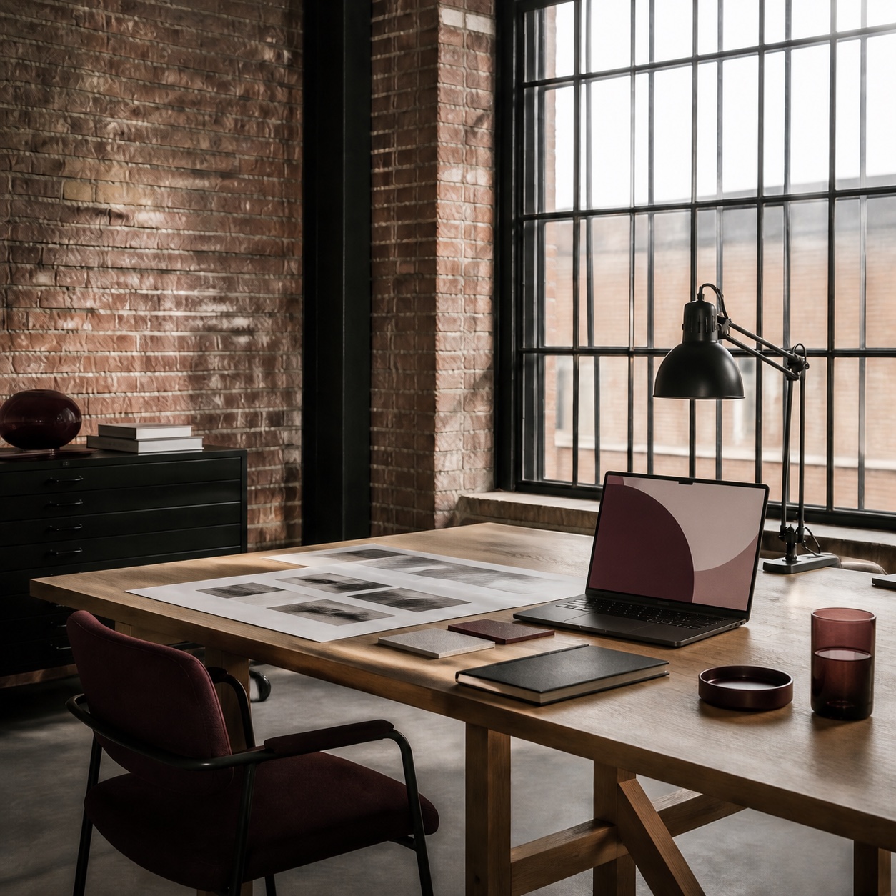 Lege creatieve studio met laptop, baksteen en bordeaux accenten