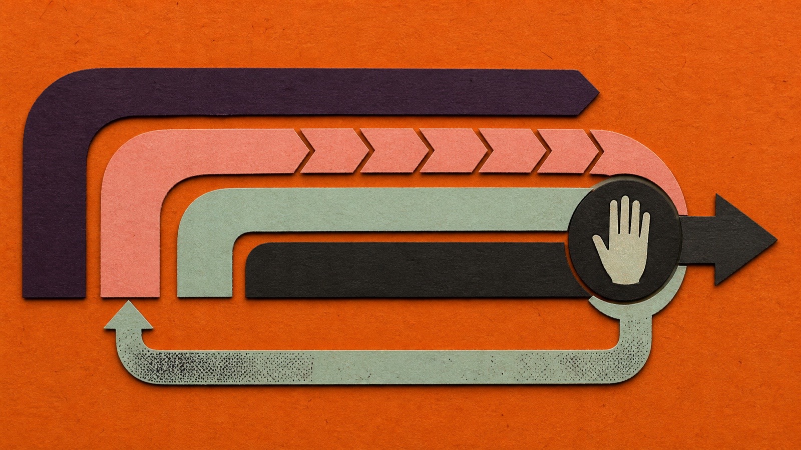 Oranje papierdiagram met geneste banen voor eenmalige bouw, herhalend gebruik, menselijke beoordeling en verbetering.