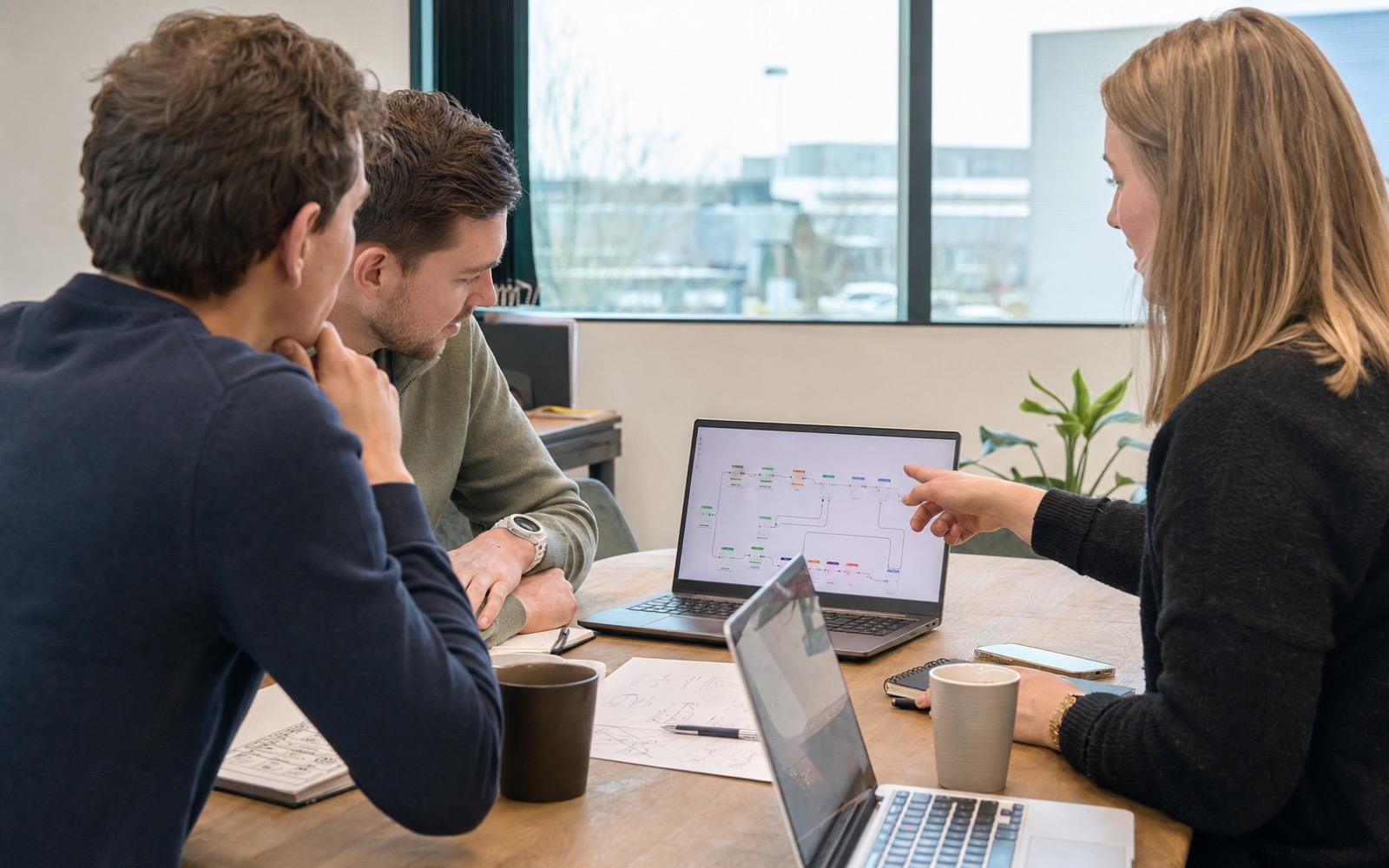 MKB-team bespreekt een AI workflow voor leadkwalificatie en opvolging aan een kantoorwerktafel.