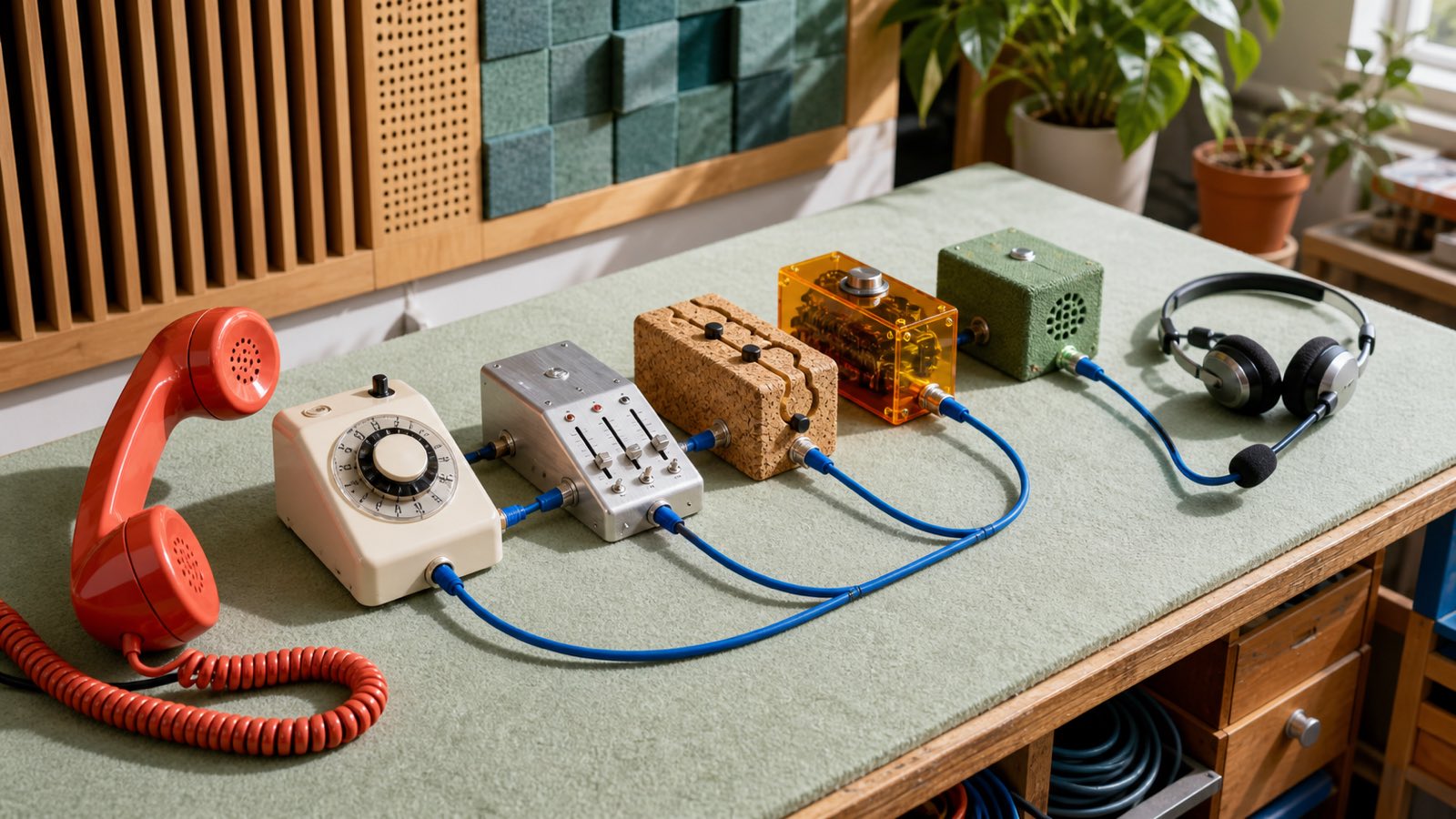 Fysieke telefonie-testbank met telefoonhoorn, signaalroutering, analoge meter en aparte headset voor menselijke overdracht.