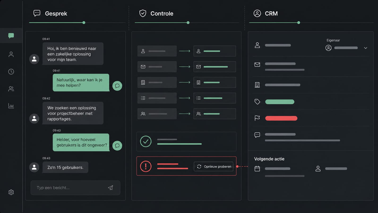 Productinterface waarin een chatbotgesprek via veldcontrole als CRM-lead met eigenaar en volgende actie wordt klaargezet.