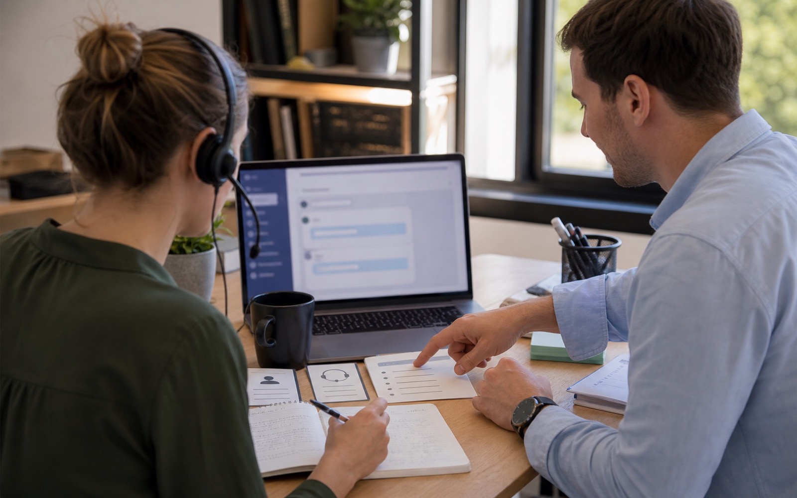 Medewerkers plannen klantcontact en leadkwalificatie met headset, laptop en praktische overdrachtsnotities.