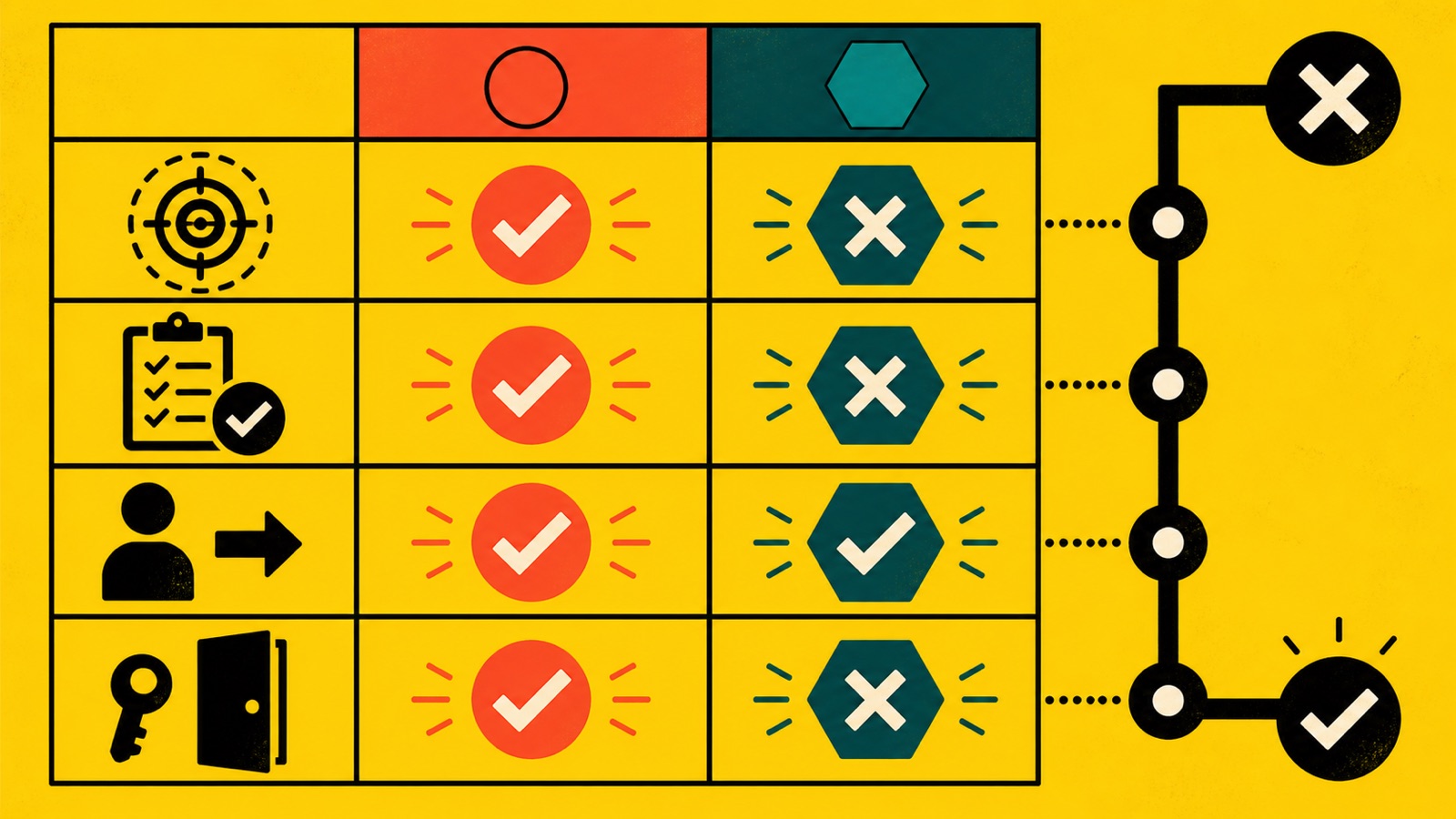 Beslismatrix vergelijkt twee chatbotvoorstellen op taakgrens, acceptatiebewijs, menselijke overdracht en beheer of exit.