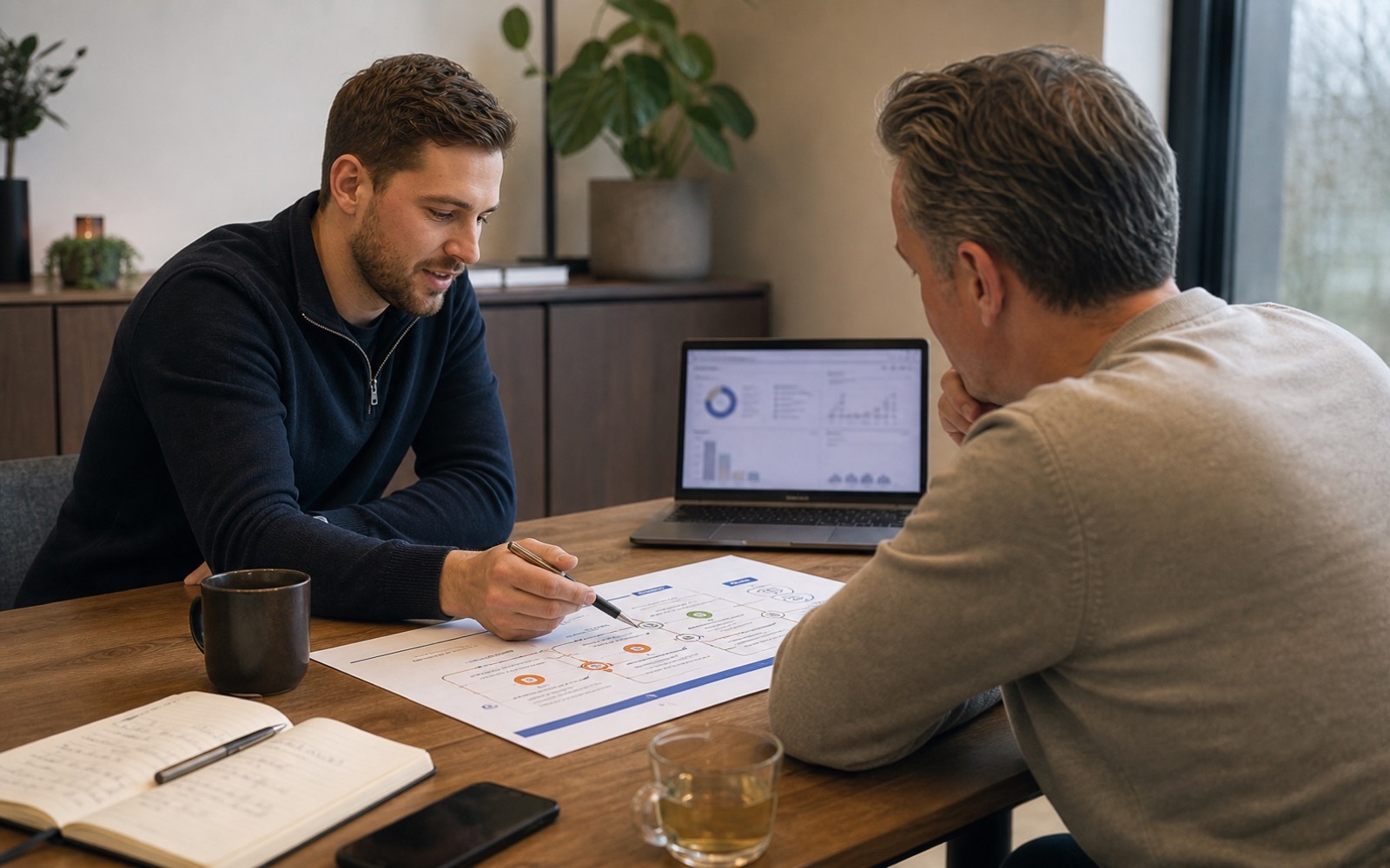 Twee medewerkers bespreken CRM datakwaliteit en klantopvolging met dashboard en procesnotities.