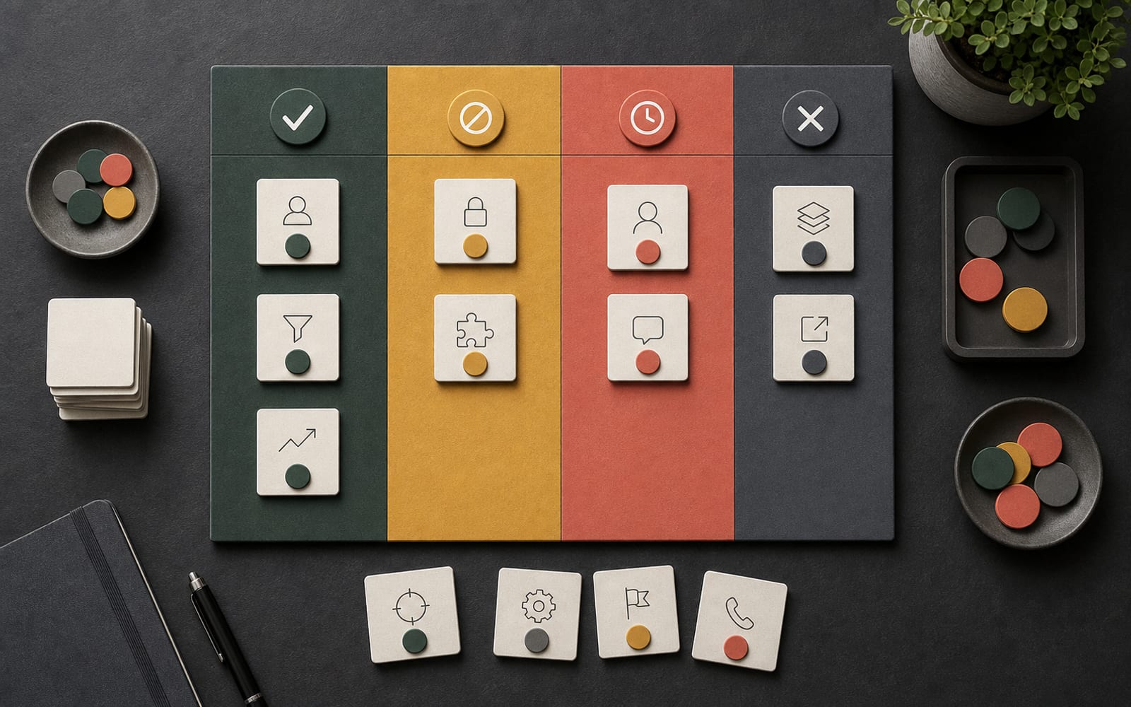 Prioriteitenmatrix voor CRM-eisen met categorieen voor direct noodzakelijk, randvoorwaarde, later en bewust buiten scope.