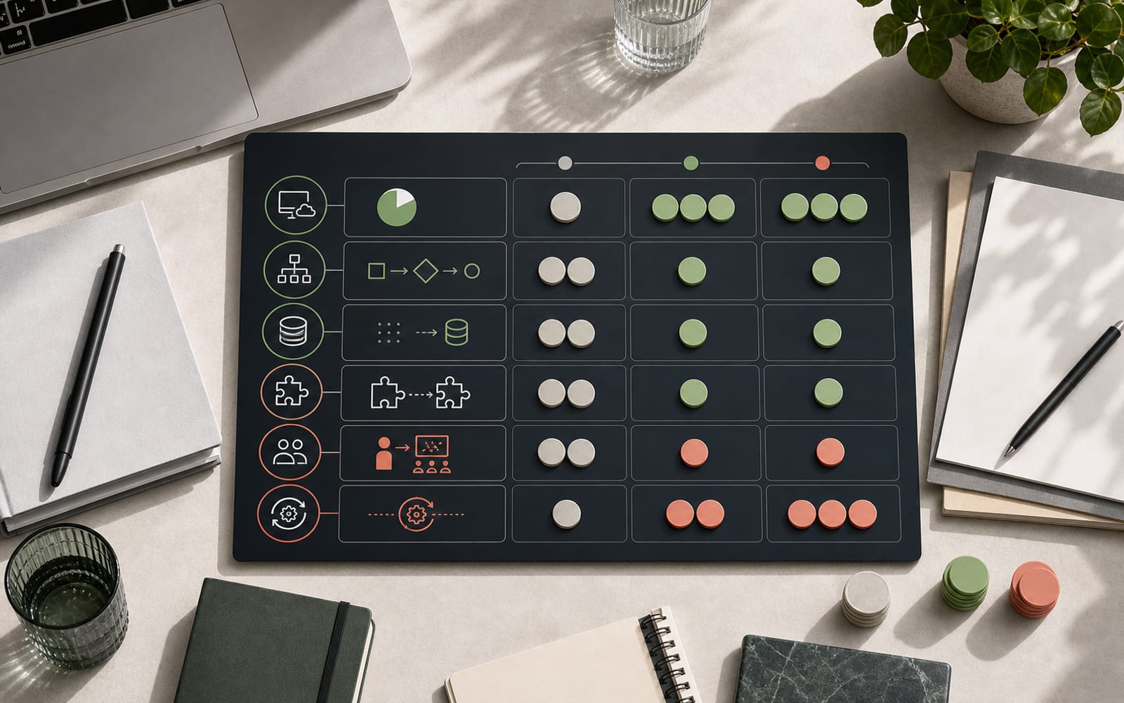 Visuele CRM-kostenopbouw met software, inrichting, datamigratie, koppelingen, adoptie en doorlopend beheer over meerdere jaren.