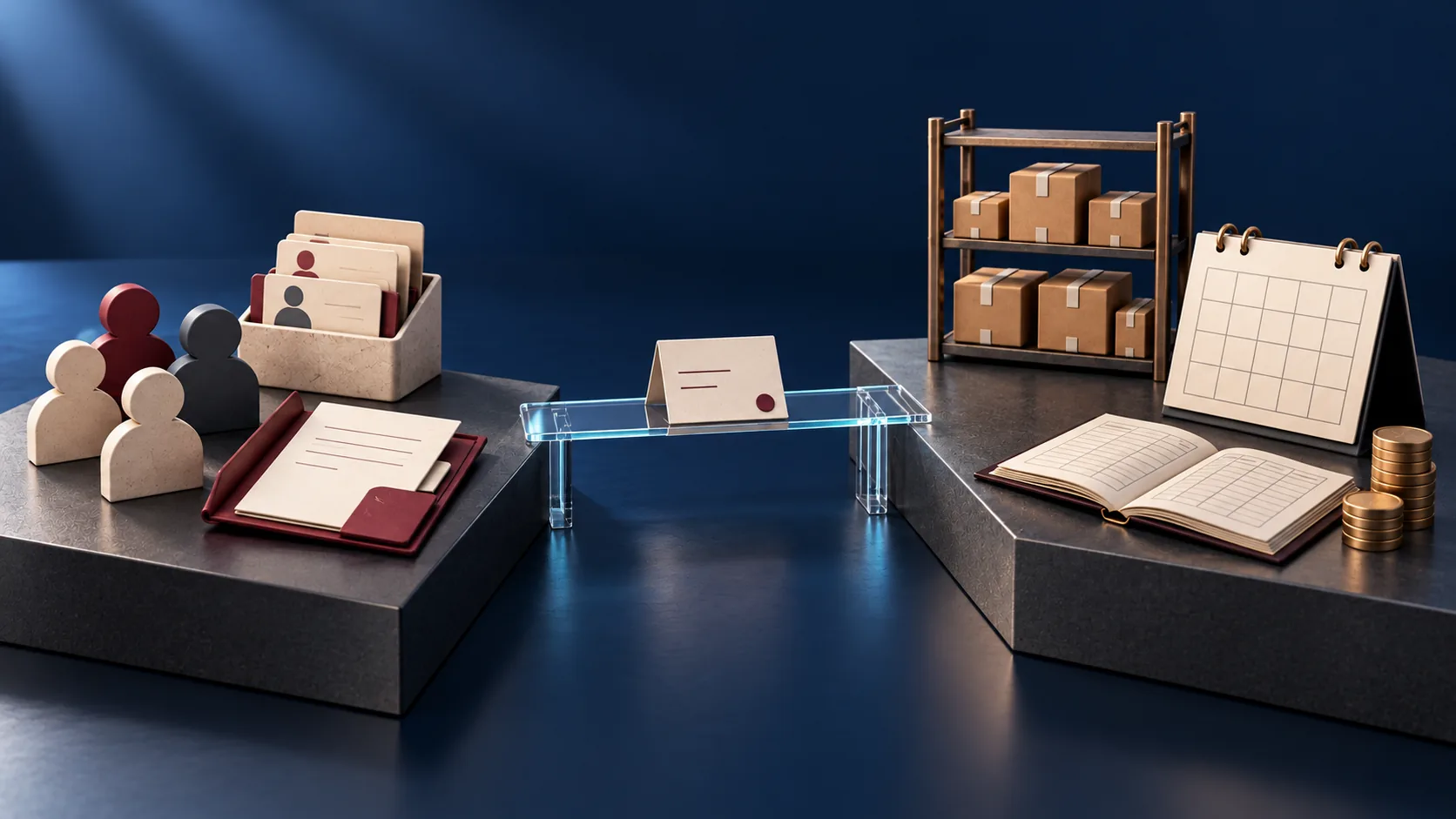 Conceptillustratie met klantfiguren, contactkaarten en een offertemap links, voorraad, planning en een financieel boek rechts, verbonden door een orderkaart.