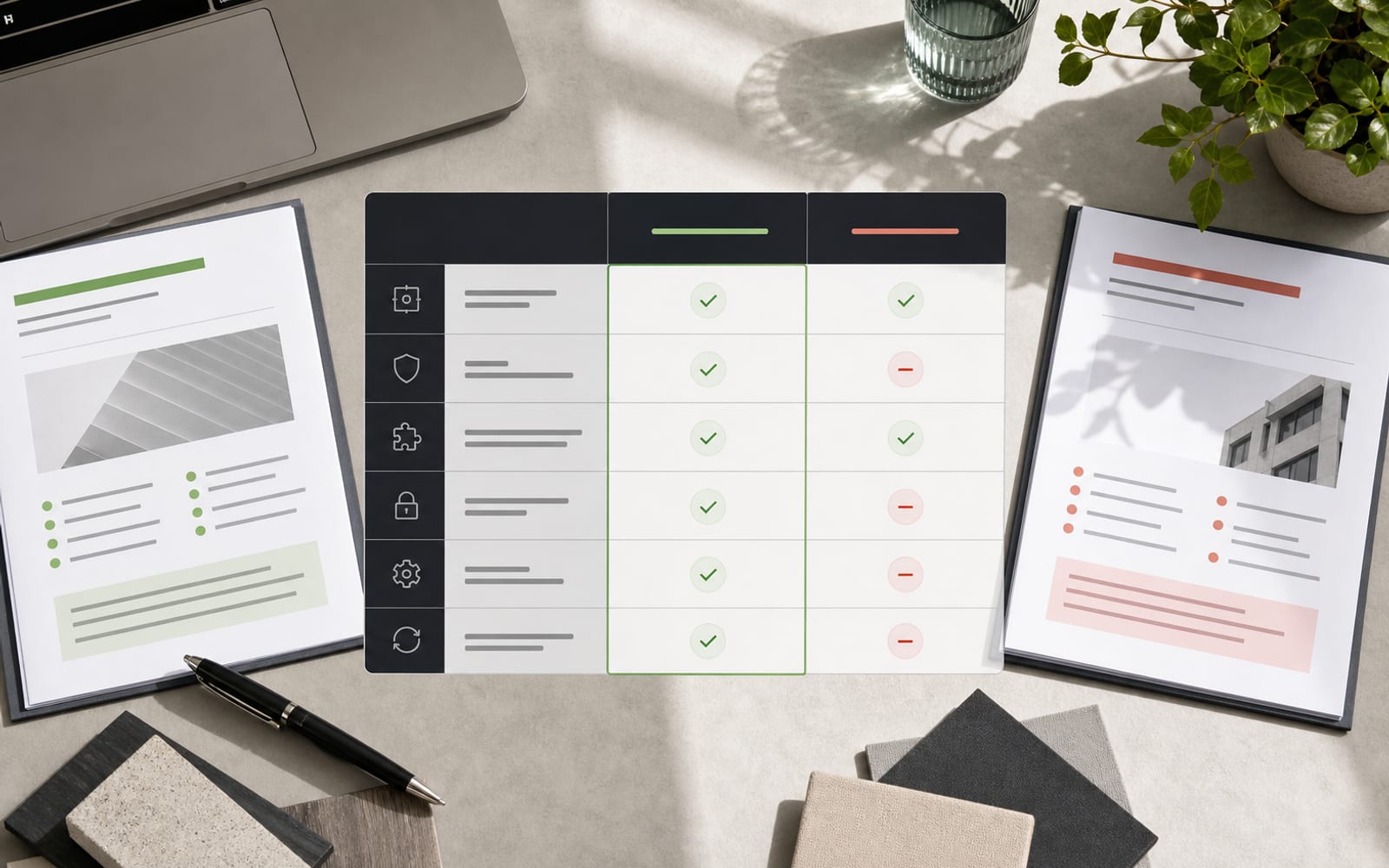 Vergelijkingsmatrix voor twee maatwerk software offertes met controlepunten voor scope, acceptatie, koppelingen en beheer.