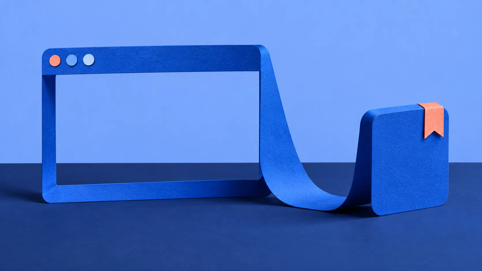 Conceptillustratie van een blauwe papieren browseromlijsting die via een gevouwen strook doorloopt naar een apptegel met een koraalkleurige bladwijzer.