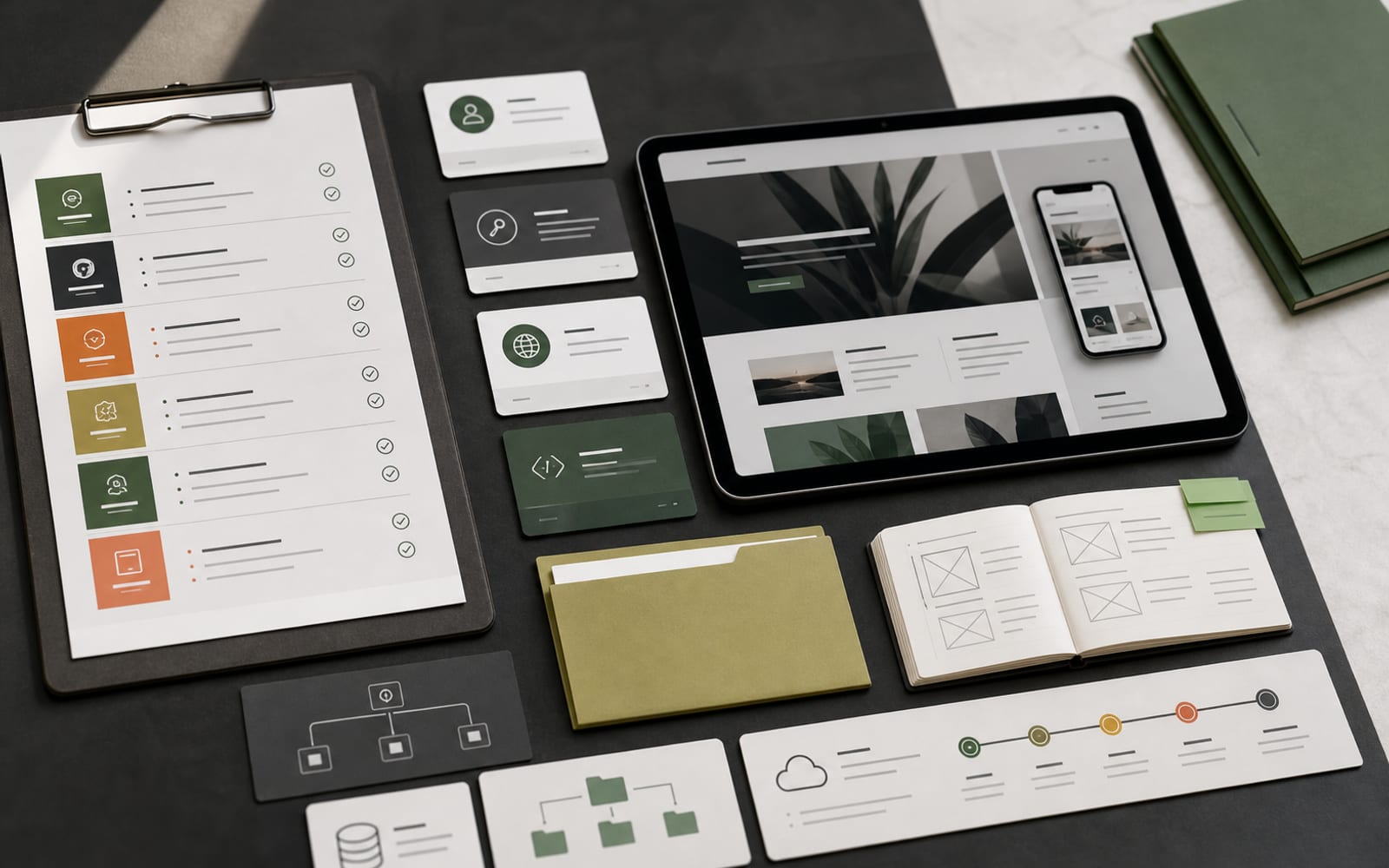 Controle van websiteoplevering met responsive ontwerp, analytics, domeintoegang, contentbestanden, back-ups en onderhoud.