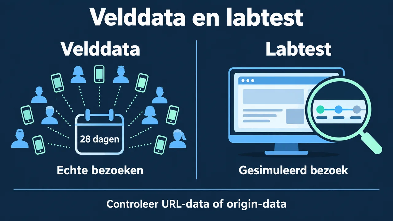 Vergelijking: velddata beschrijven echte bezoeken over 28 dagen; een labtest onderzoekt één gesimuleerd bezoek.