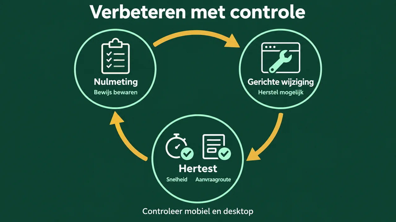 Controlecyclus: nulmeting bewaren, één gerichte wijziging uitvoeren en snelheid plus aanvraagroute opnieuw testen.